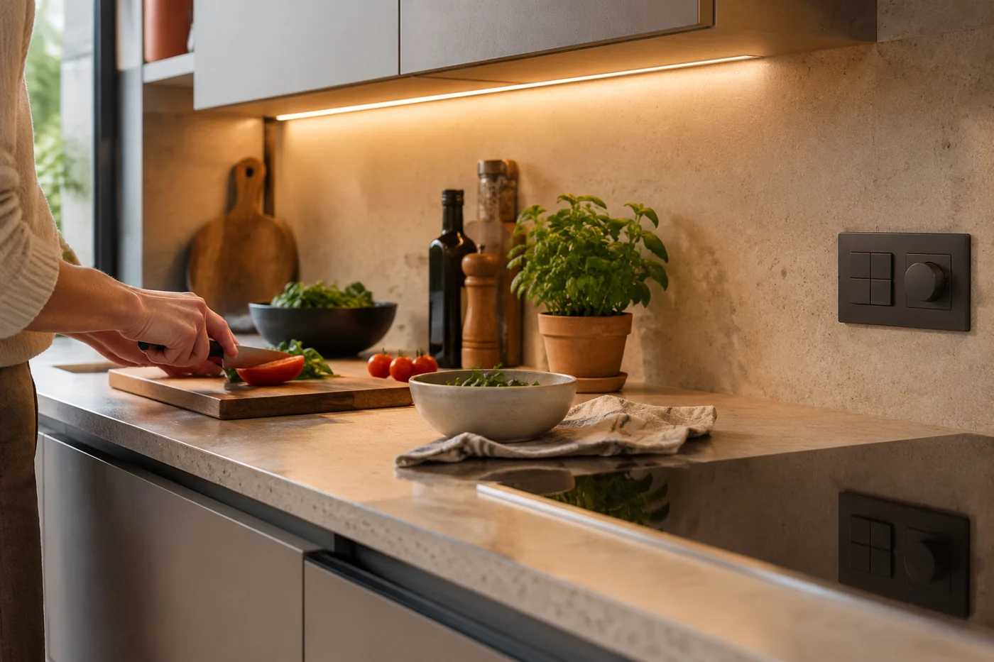 Рабочая зона кухни с локальным светом и элементами управления