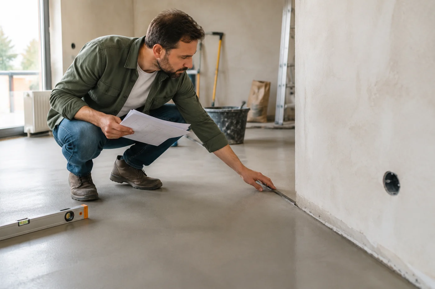 Заказчик осматривает пол и документы по ремонту в квартире