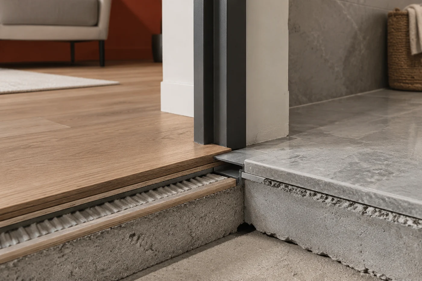 Деталь примыкания напольных покрытий в зоне перехода