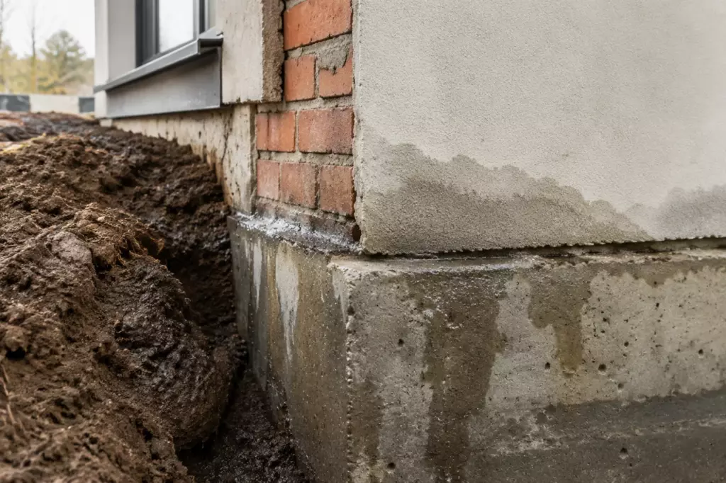 Фрагмент стены и основания с видимыми следами влаги в разных слоях конструкции