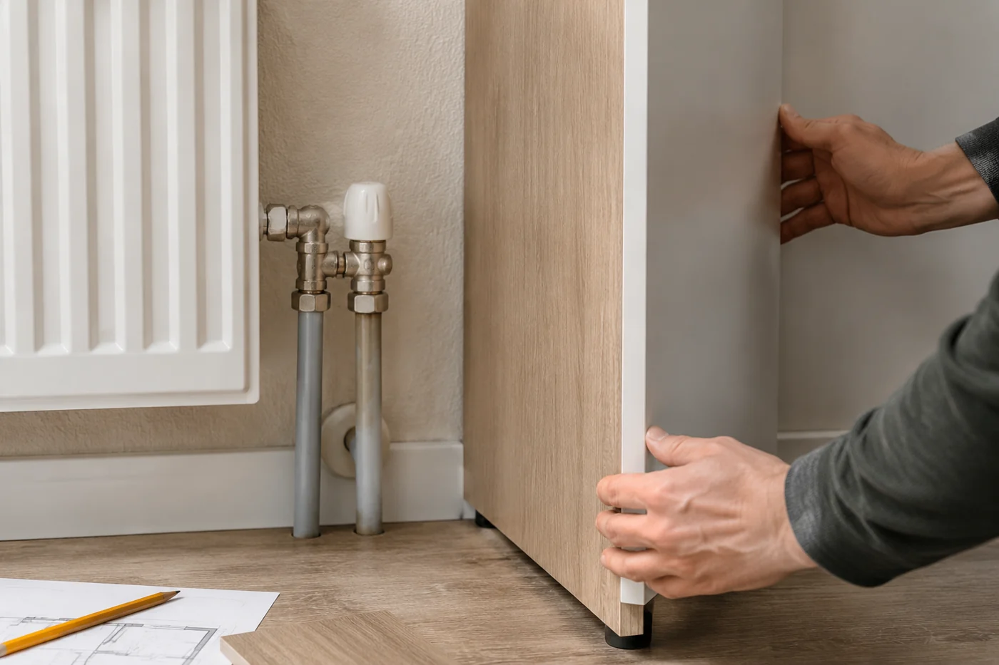 Осмотр доступности соединений радиатора перед установкой мебели